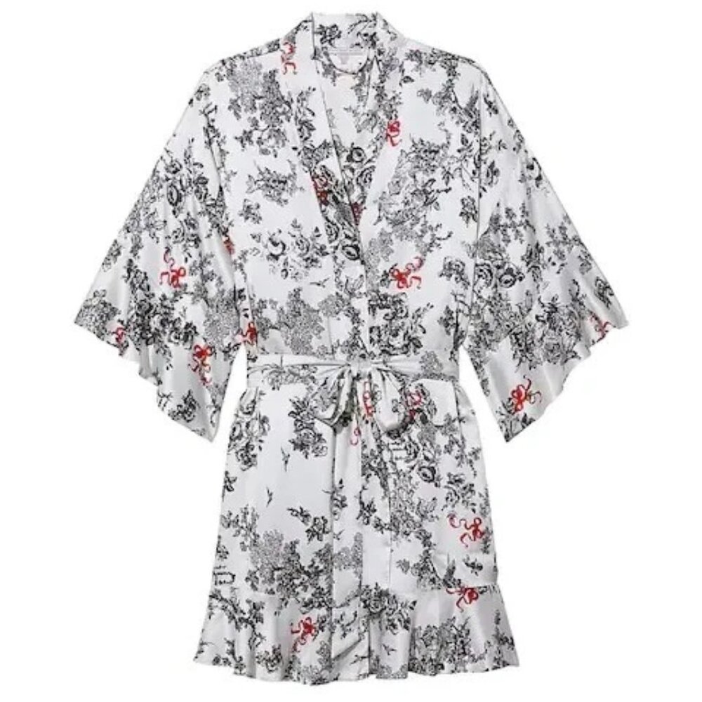 XS/S Victorias Secret Satin Robe Ivory Black Toile Red Ribbon Bows Floral NWT
